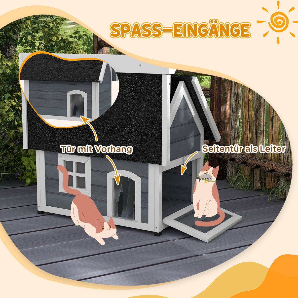 Cat House/Cave, Weatherproof Wooden with Hinged Roof, 3 Doors, Grey