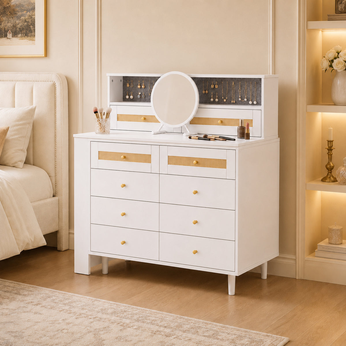 Dressing Table with Jewelry Cabinet & 10 Drawers, White