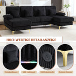 Modern U-shaped Sofa, LED Ambient Lighting, USB-C Port, Ergonomic Backrest, Black