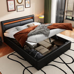 Upholstered Bed with LED Headboard, Storage and Slatted Base, 140x200cm, Black Faux Leather and Wood