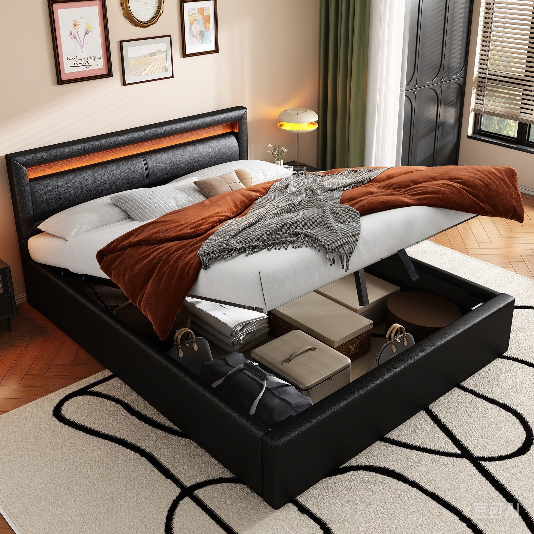 Upholstered Bed with LED Headboard, Storage and Slatted Base, 140x200cm, Black Faux Leather and Wood