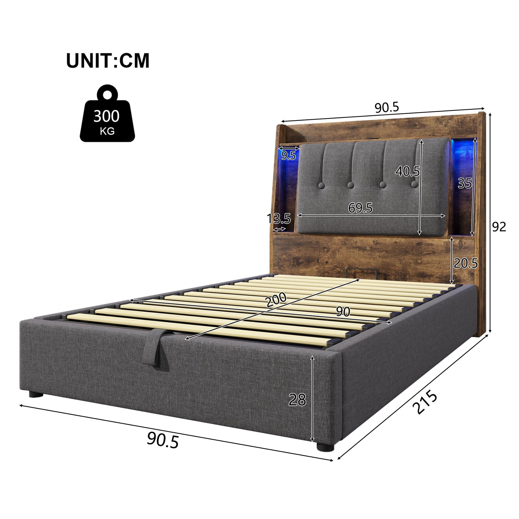 Upholstered Bed 90x200cm Flip-Top Storage LED USB/Type-C App Control - Linen Grey