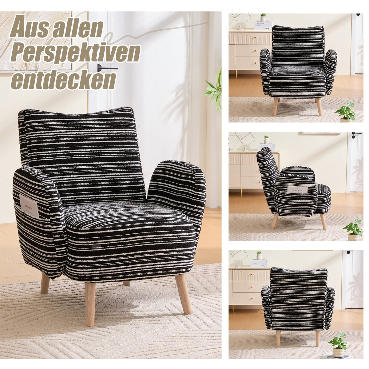 Modern Armchair with Side Pocket and Solid Wood Legs, Circular Pattern Fabric