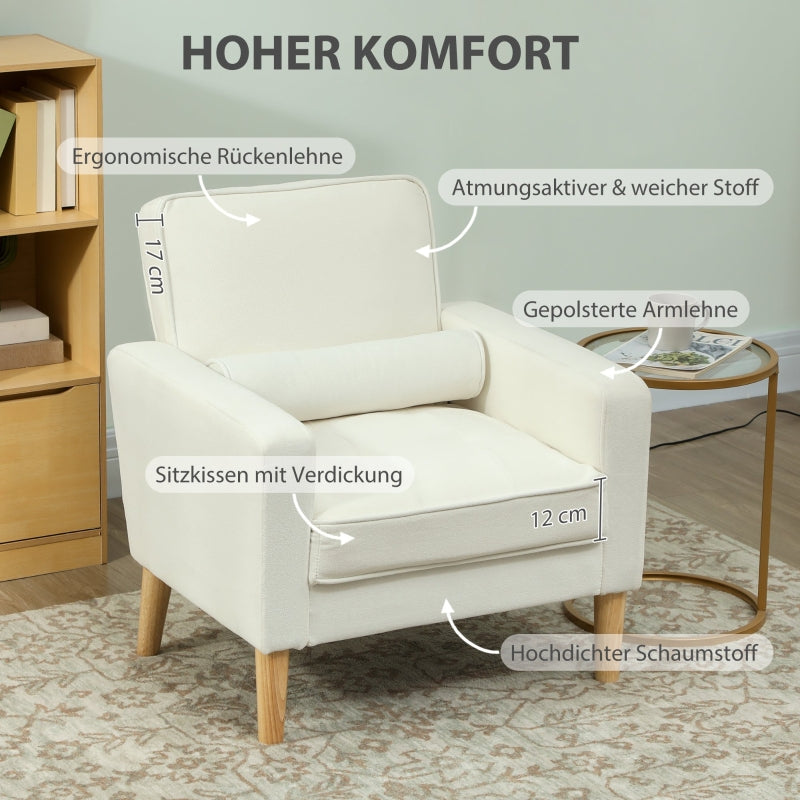 Upholstered Armchair, Reclining Backrest, Rubber Wood, Cream White