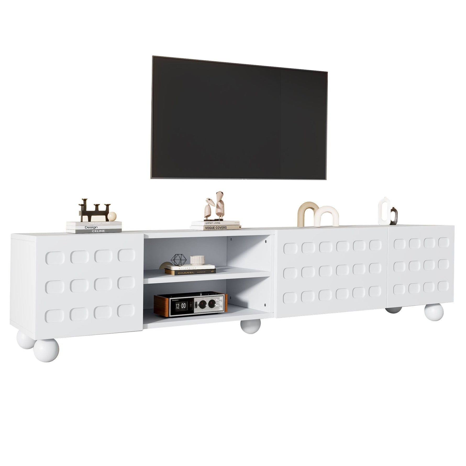 TV Cabinet Lowboard 200cm 3-Door Printed Design - White