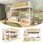 Children's Bunk Bed 90x200cm with Storage Staircase, White & Natural