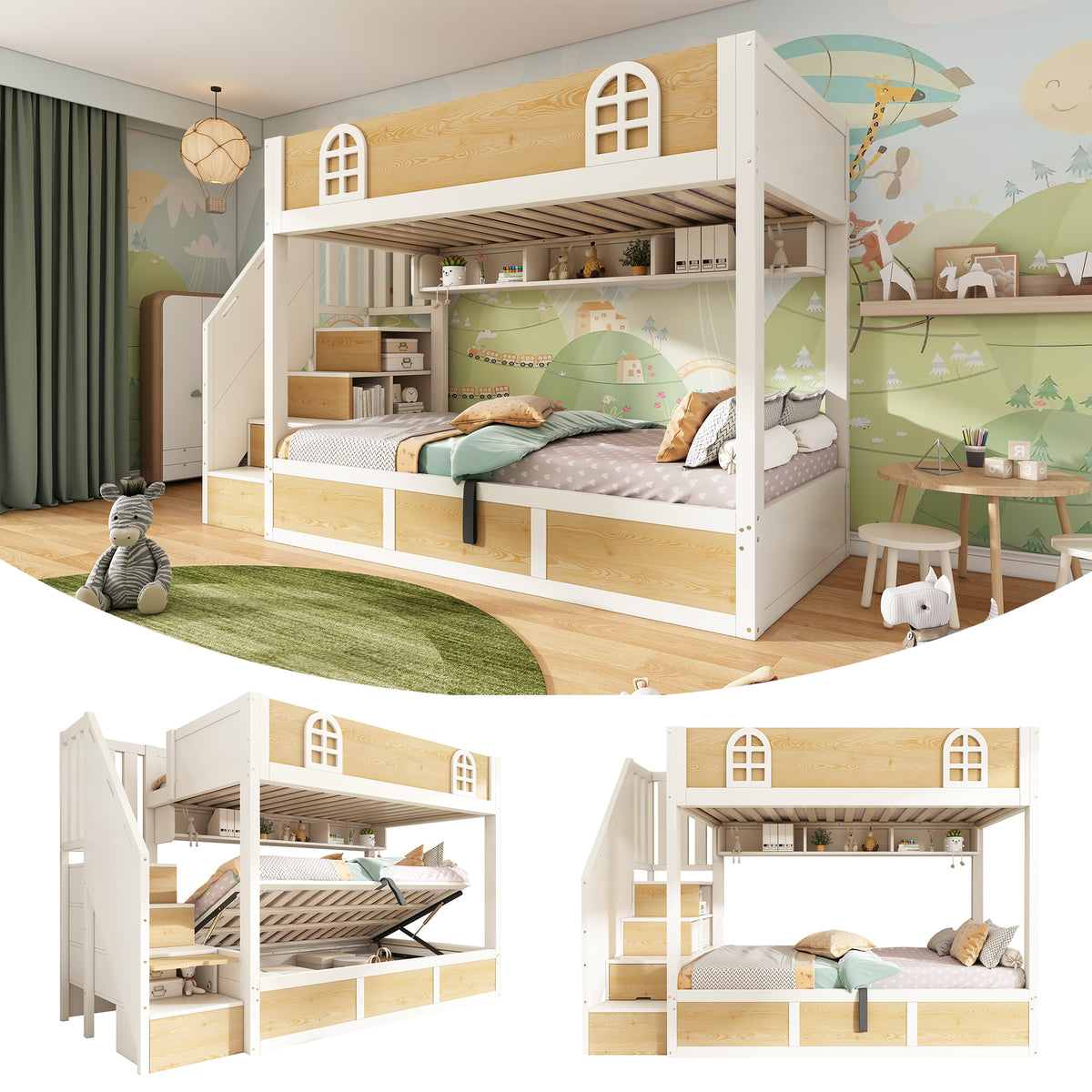Children's Bunk Bed 90x200cm with Storage Staircase, White & Natural