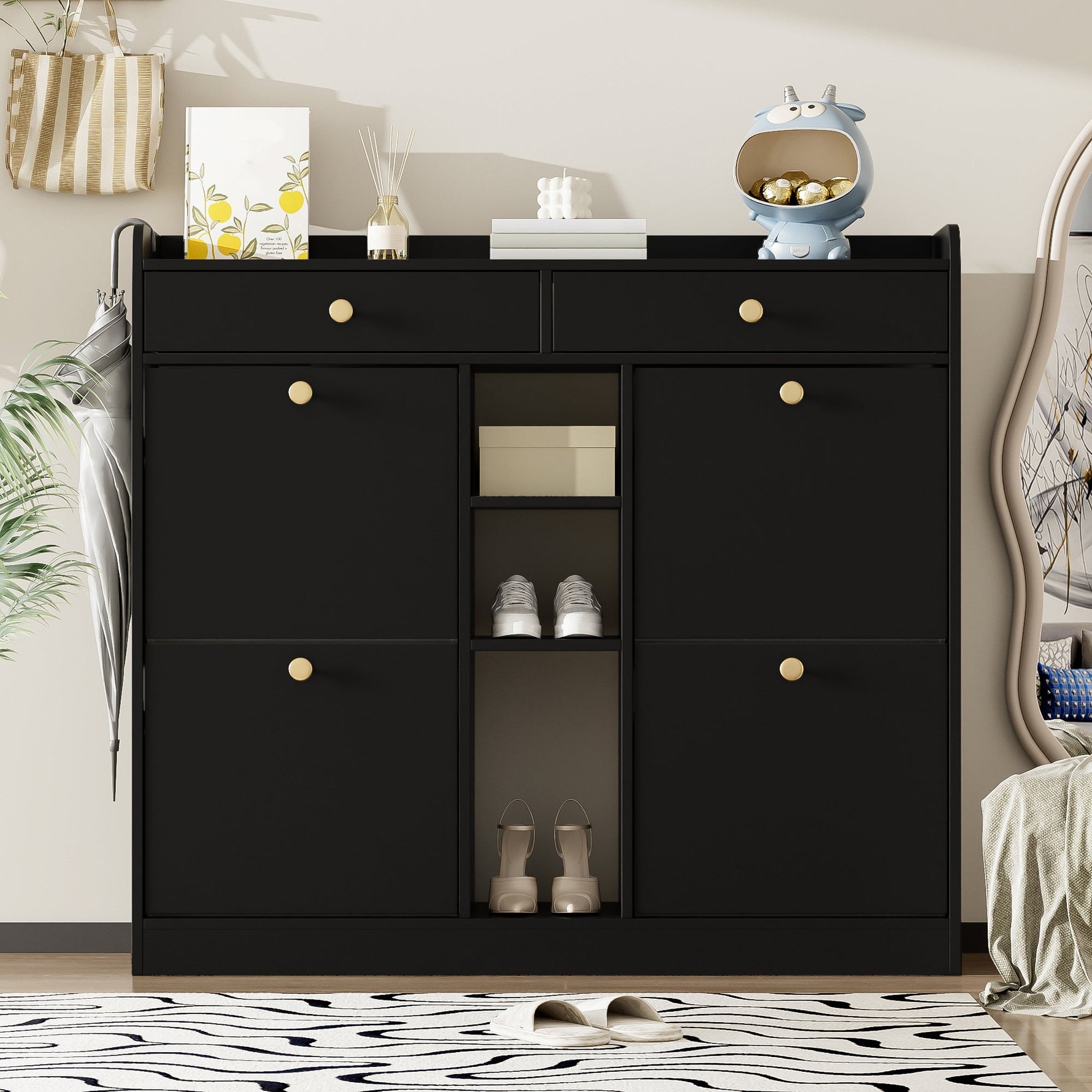 Shoe Cabinet, 4-Door, 2-Drawer, 3-Compartment, Black