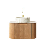 61cm Wall-Mounted Bathroom Vanity Unit with Ceramic Basin and Carrara White Top, Natural Wood Grain