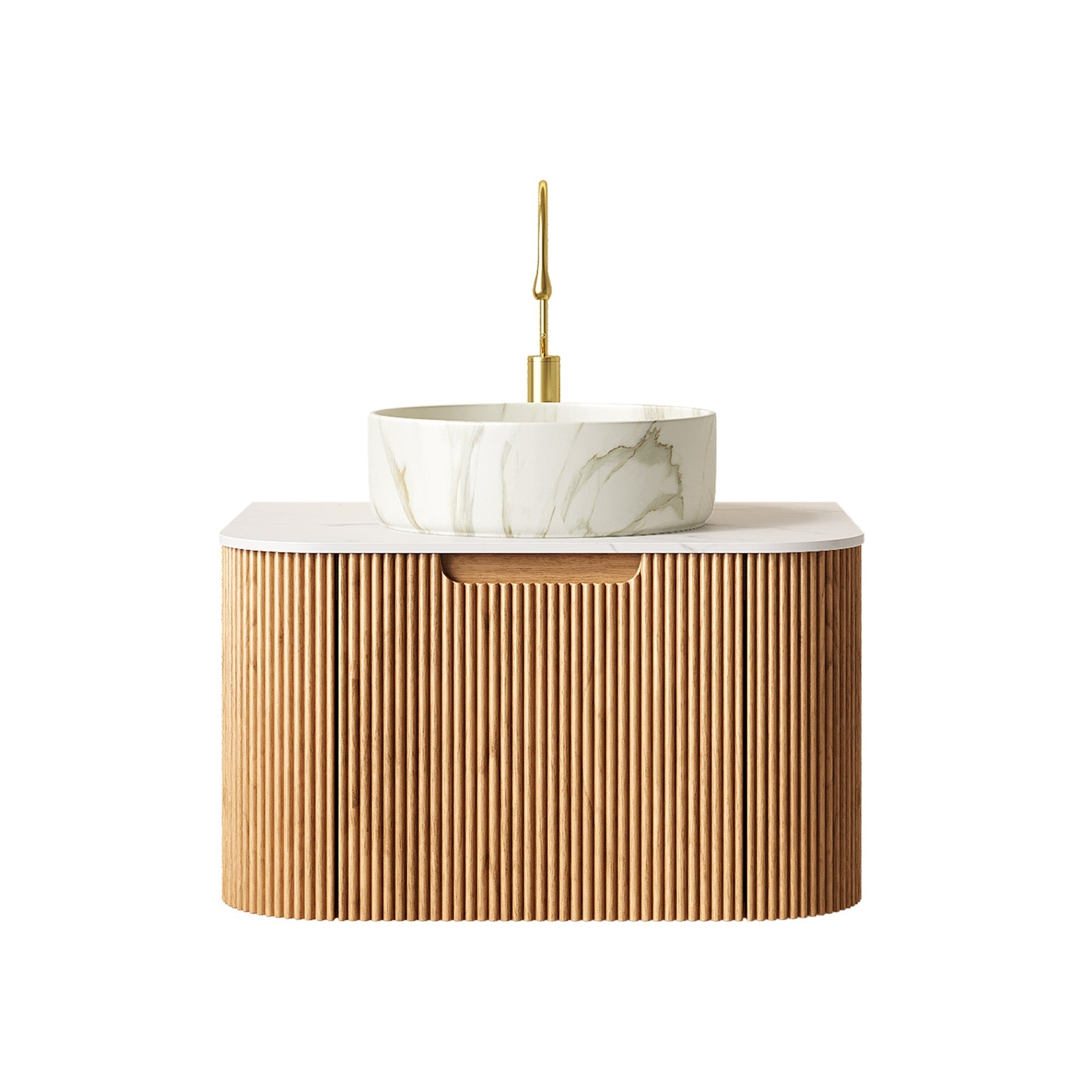 61cm Wall-Mounted Bathroom Vanity Unit with Ceramic Basin and Carrara White Top, Natural Wood Grain