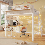 Loft Bed 140x200cm with Storage Compartments, Metal Frame, White