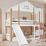 Bunk Bed with Windows, Slide, Safety Railings, 90x200cm, Solid Wood, White/Natural