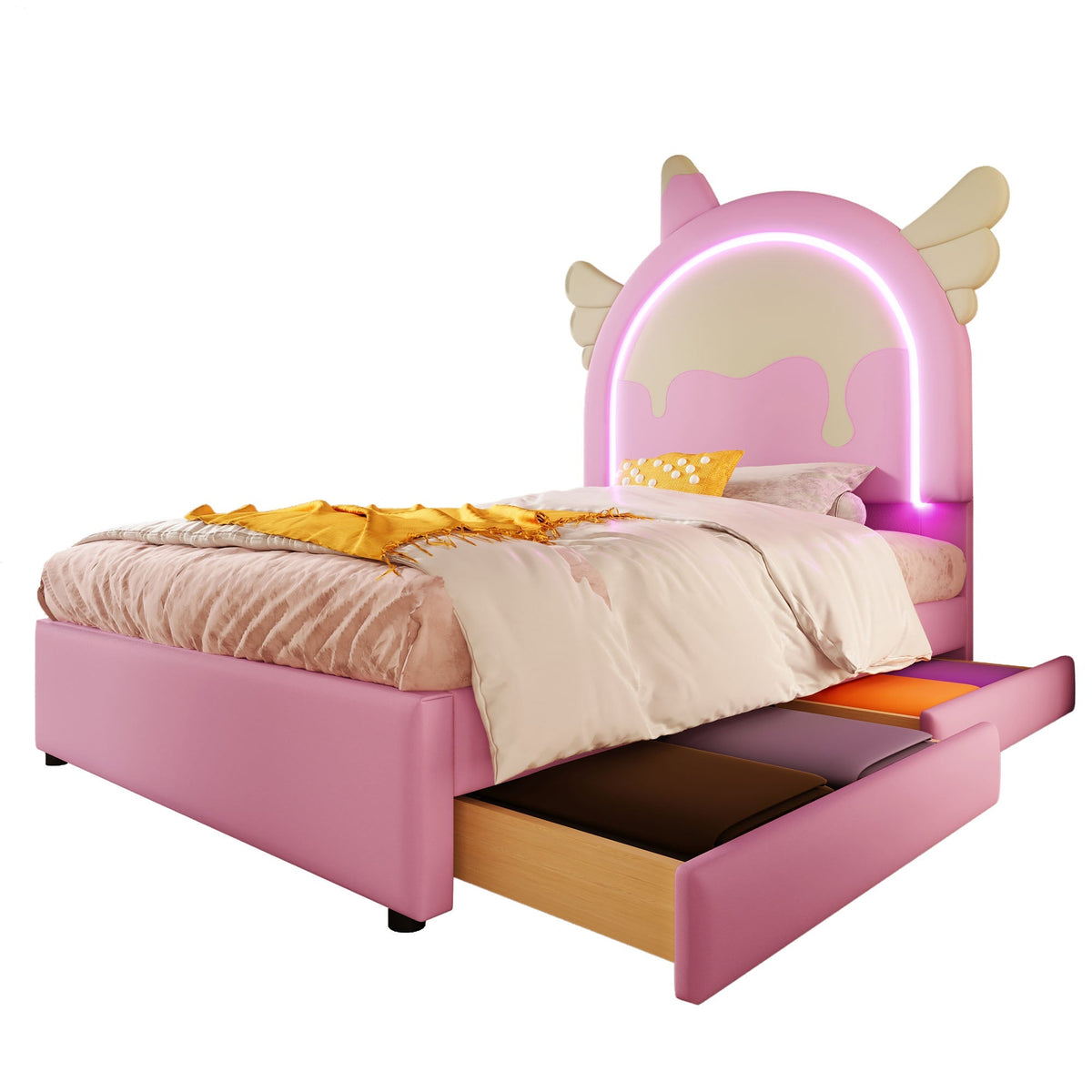 Upholstered Bed 90x200cm Unicorn Shape Light Strip 2 Drawers - PU Pink
