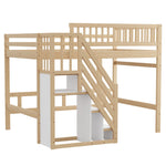 Solid Wood Bed, 140x200 with Storage Stairs & High Railing, Wood Color