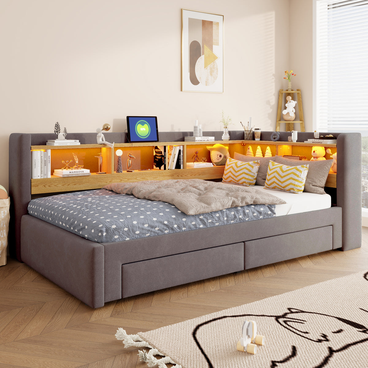 3-in-1 Sofa Daybed 90x200cm Extendable with LED & Drawers