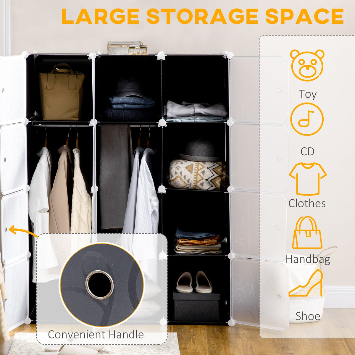 DIY Wardrobe Shelving System, Cube with Clothes Rail, Black + White PP