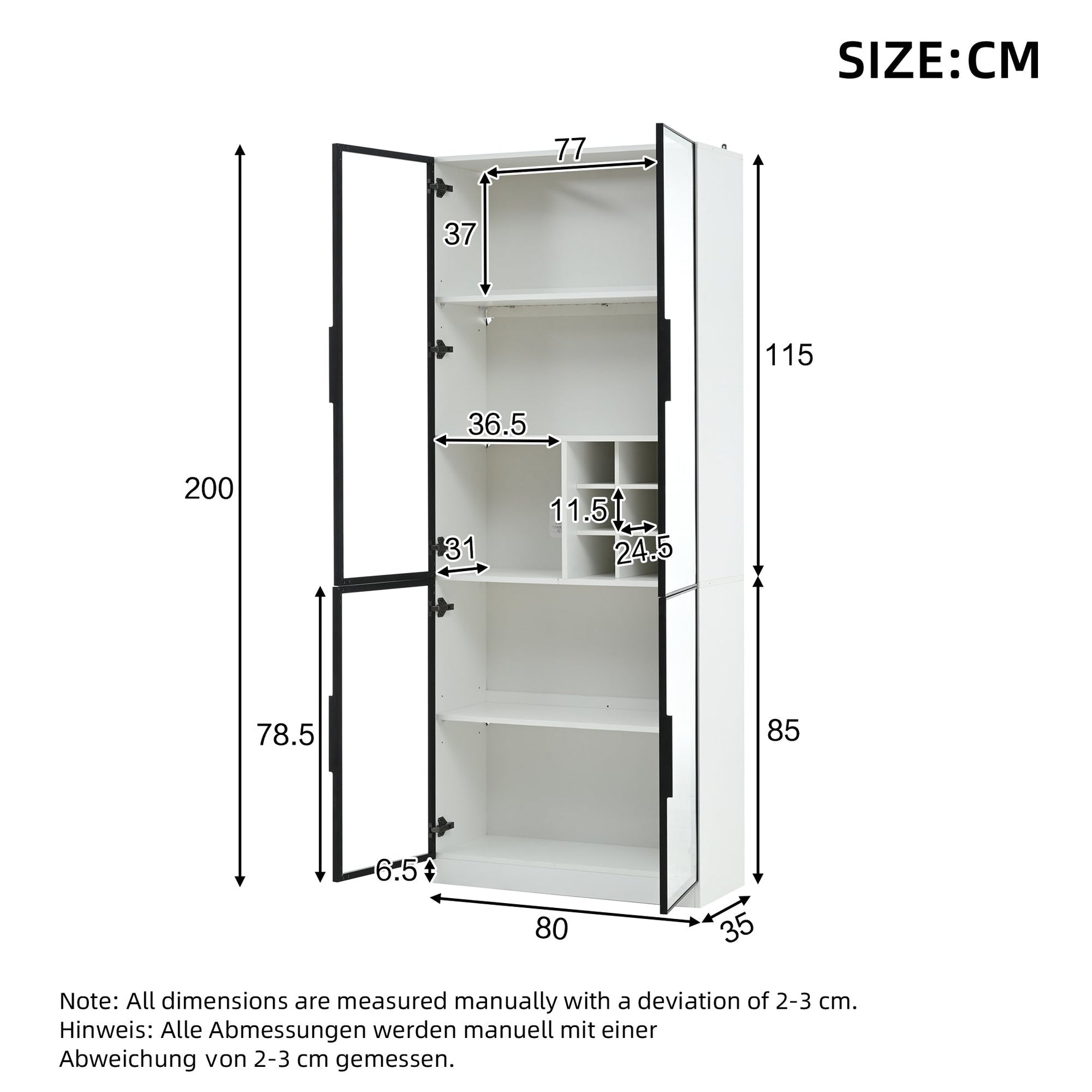 Display Cabinet 80x35x200cm Tall Cabinet Bookcase Wine Rack with Double Doors, Glass/LED