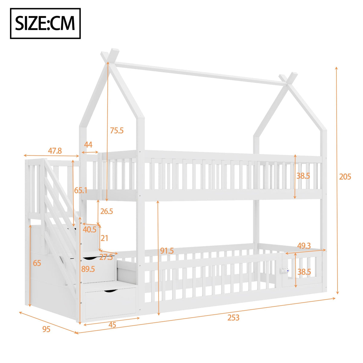 Children's Bunk Bed, 90x200, with Roof, Safety Ladder & Storage Drawers, Solid Wood White