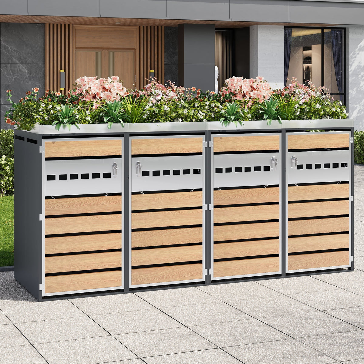 Garbage Can Enclosure with Diamond Ventilation and Four Lockable Doors, Planting Area, Steel