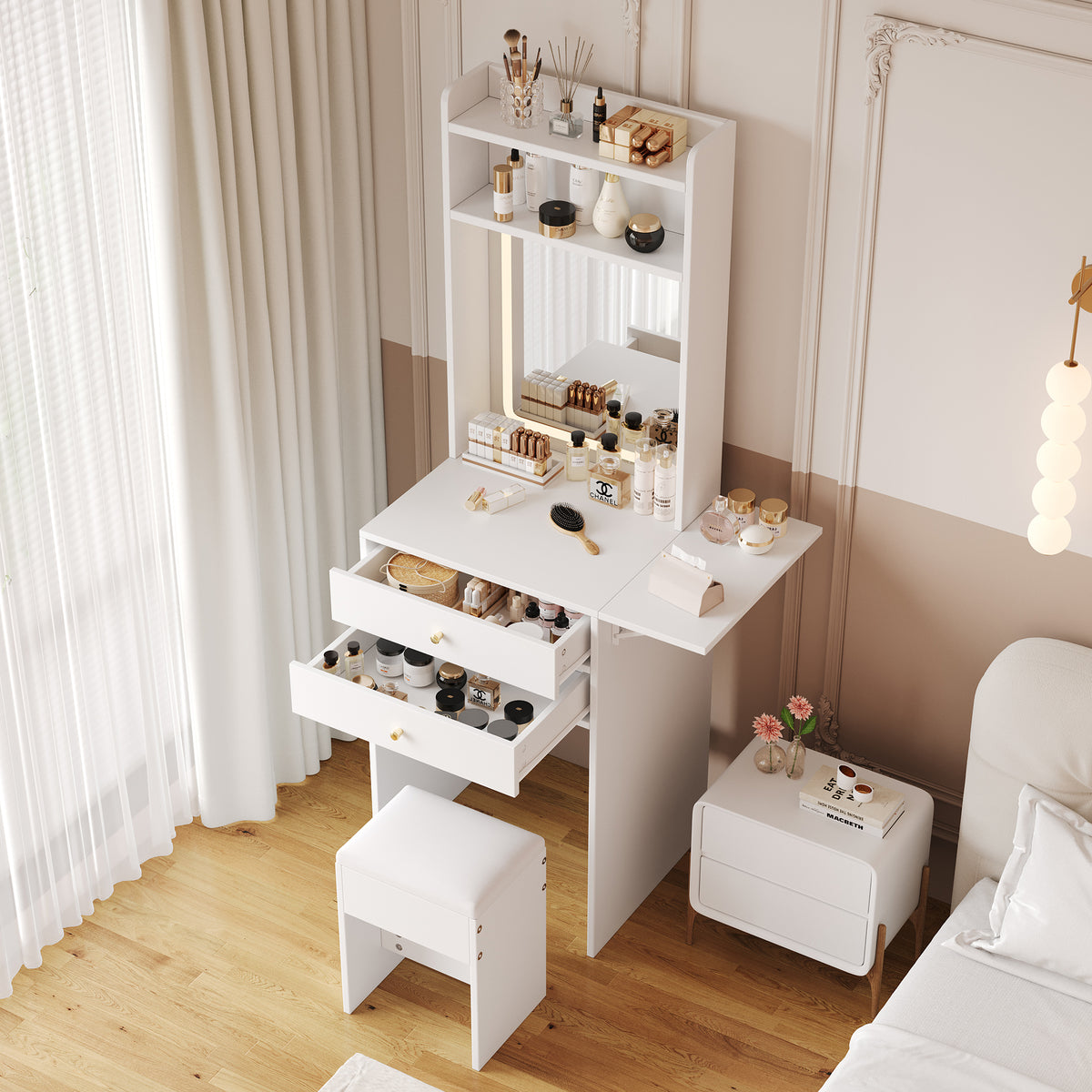 Small Dressing Table with LED Lighting, Stool & Drawers, White