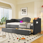 Upholstered Bed Daybed Sofa Bed Storage Bed with USB-C, 2 Drawers, 90x200cm, Grey Linen
