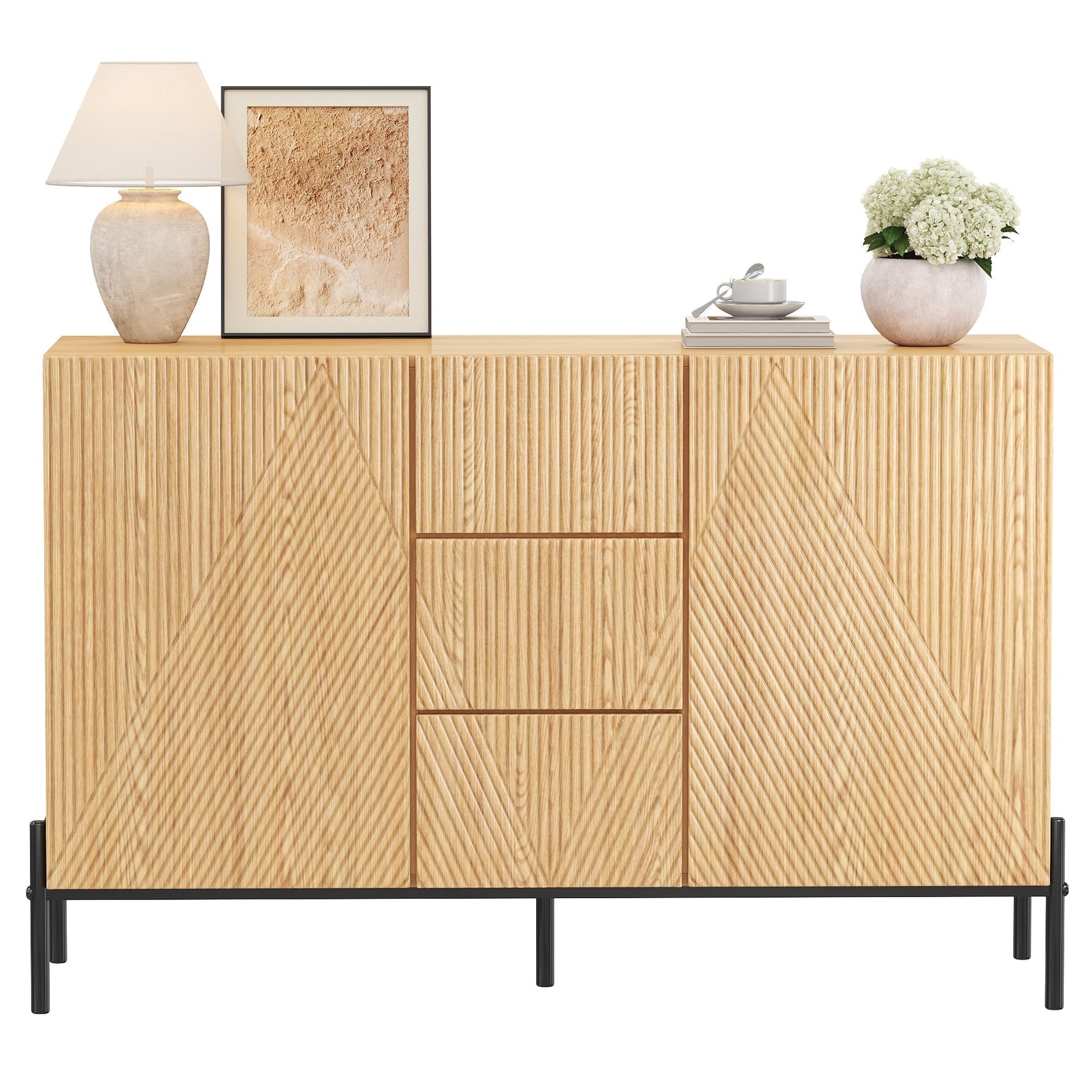 Modern Sideboard with Geometric Structure, Double Doors and Middle Drawer, Living/Dining Room Storage Cabinet