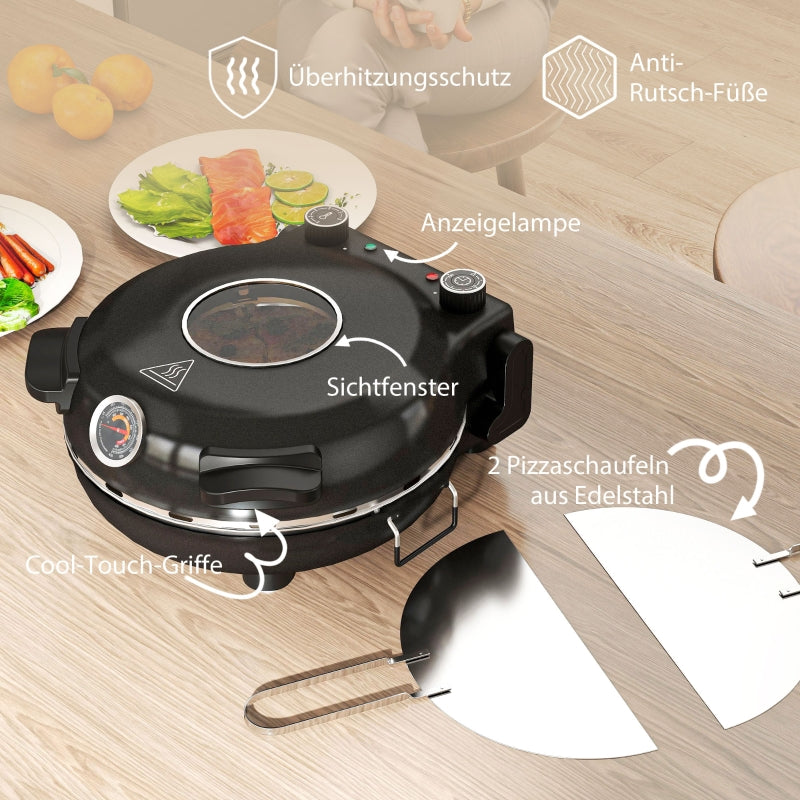 Electric Pizza Oven, 430℃, 1200W, 30cm Stone Plate, Stainless Steel, Black