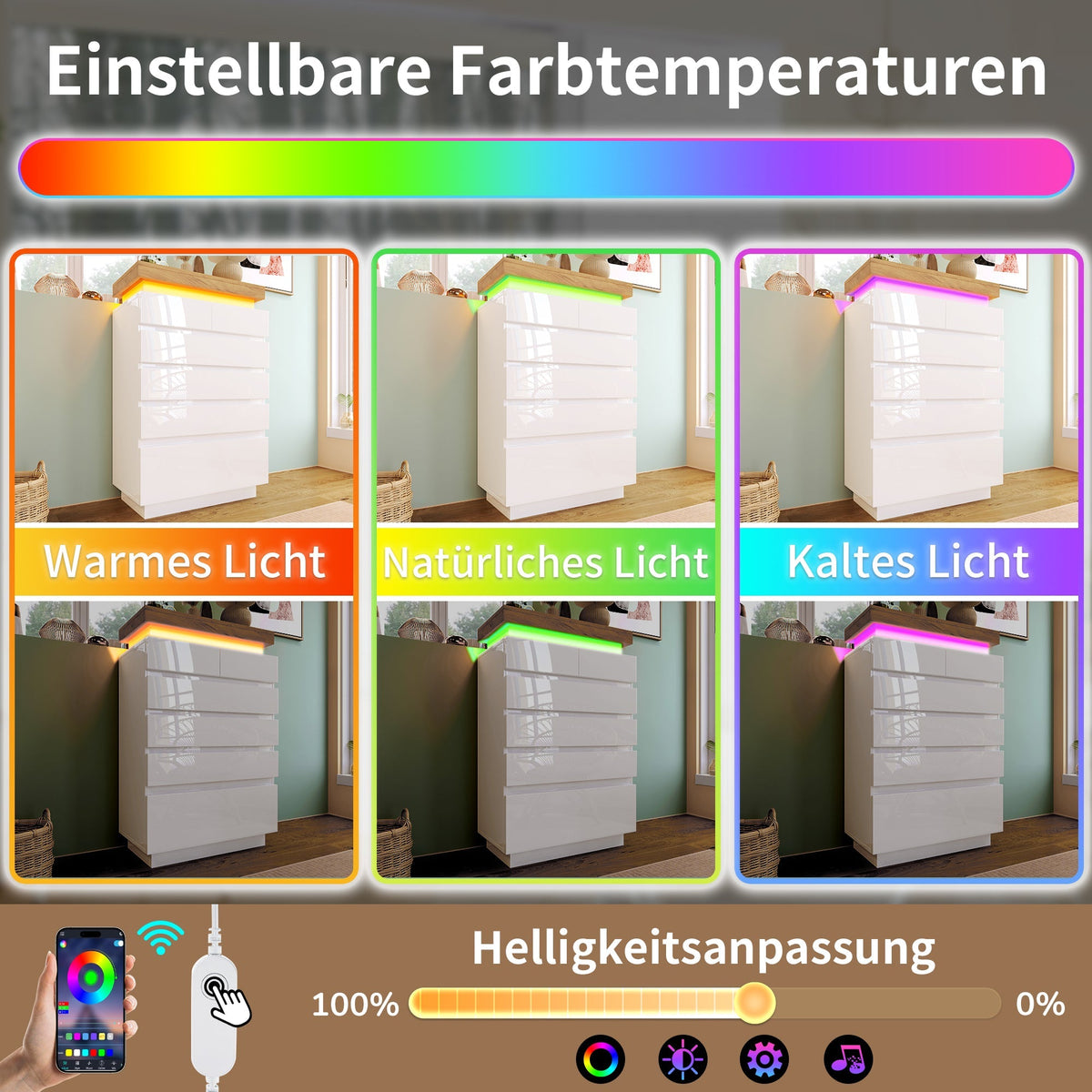 Chest of Drawers, 6-Drawer LED High-Gloss Sideboard, White