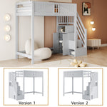 Solid Wood Loft Bed with Safety Door and Storage Ladder, 90 x 200 cm, Grey