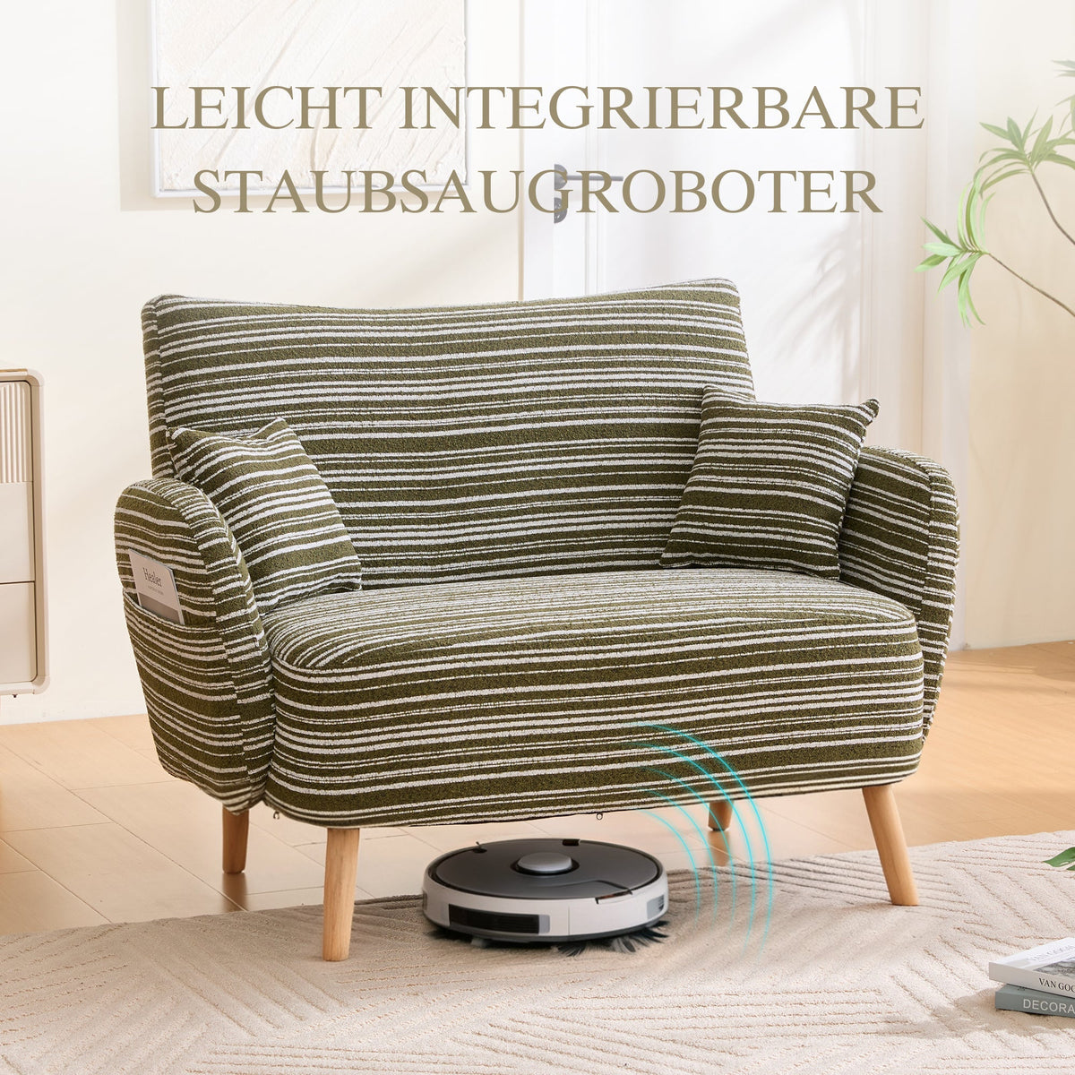 Modern Two-Seater Sofa with Comfortable Armrests and Storage Bag, Loop Fabric