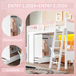 Bunk Bed with LED Lights, Wardrobe & Drawer, White Pine Wood
