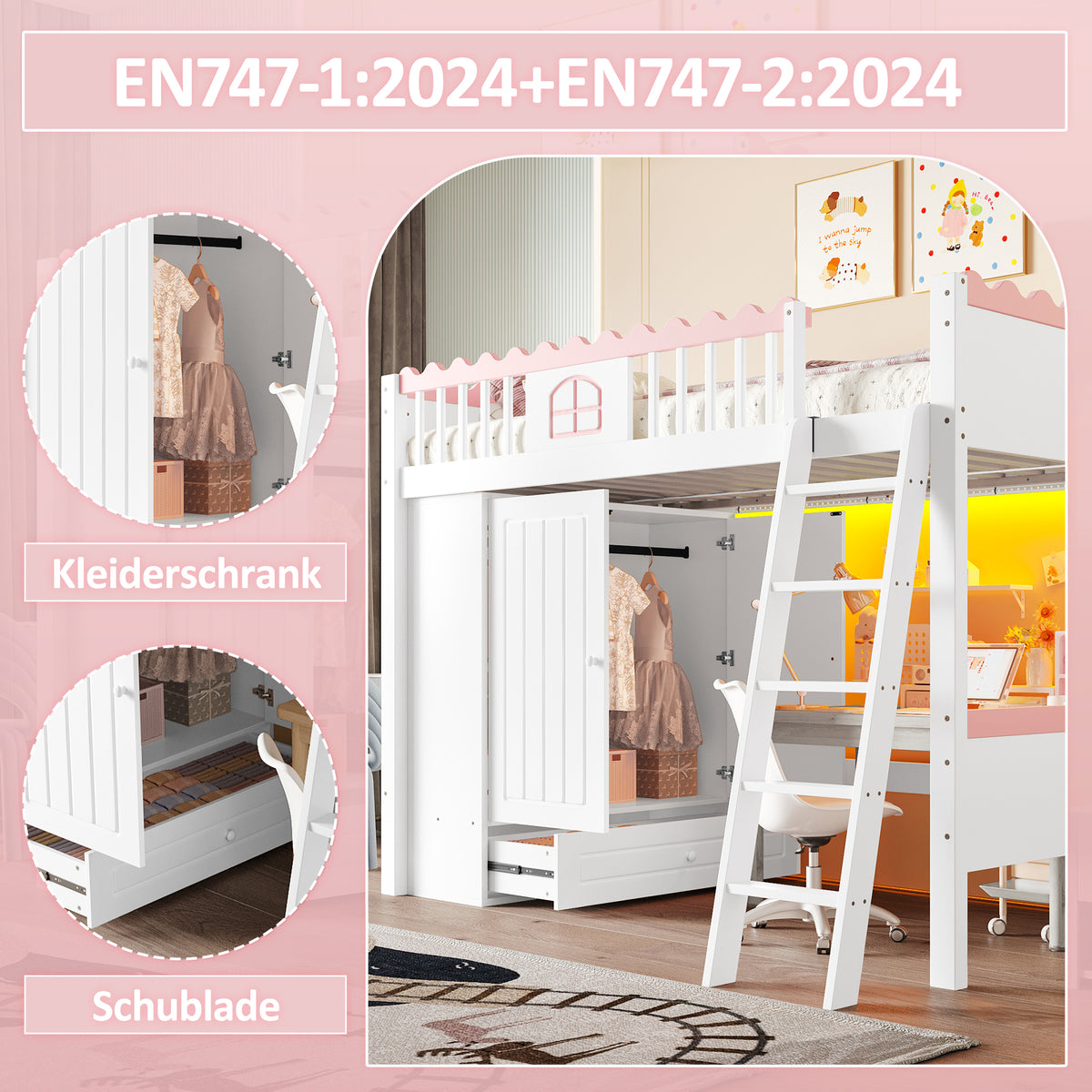 Bunk Bed with LED Lights, Wardrobe & Drawer, White Pine Wood