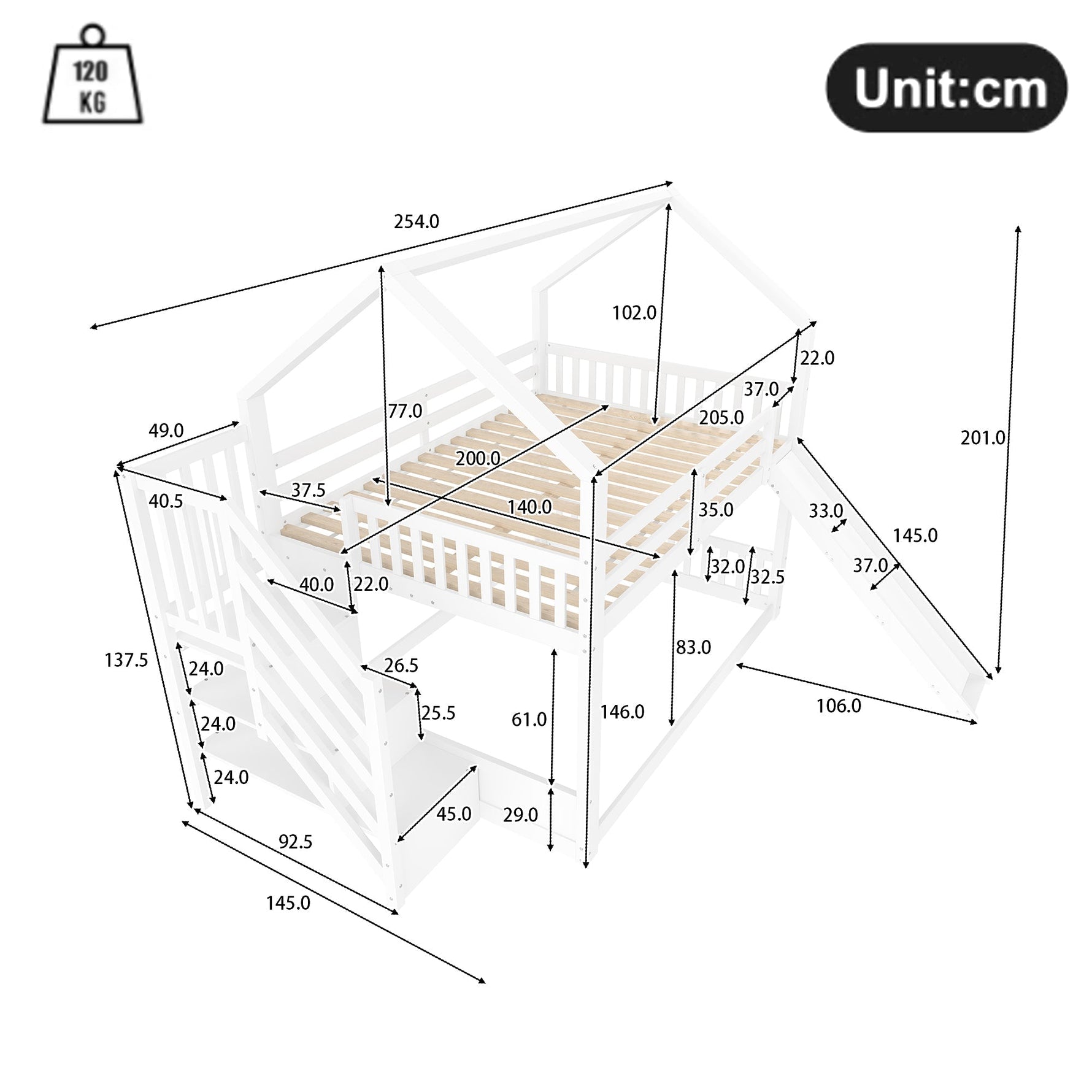 Bunk Bed with Storage Stairs and Slide, 140x200cm, White