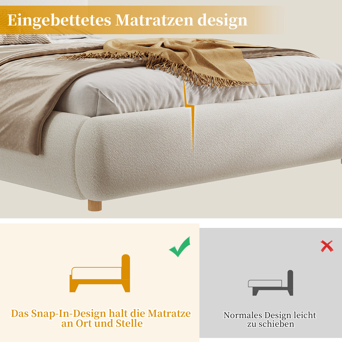 Upholstered Double Bed 180x200cm with Storage, White Bouclé