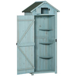 garden cabinet tool shed with shelves and windows, wood in light blue and green