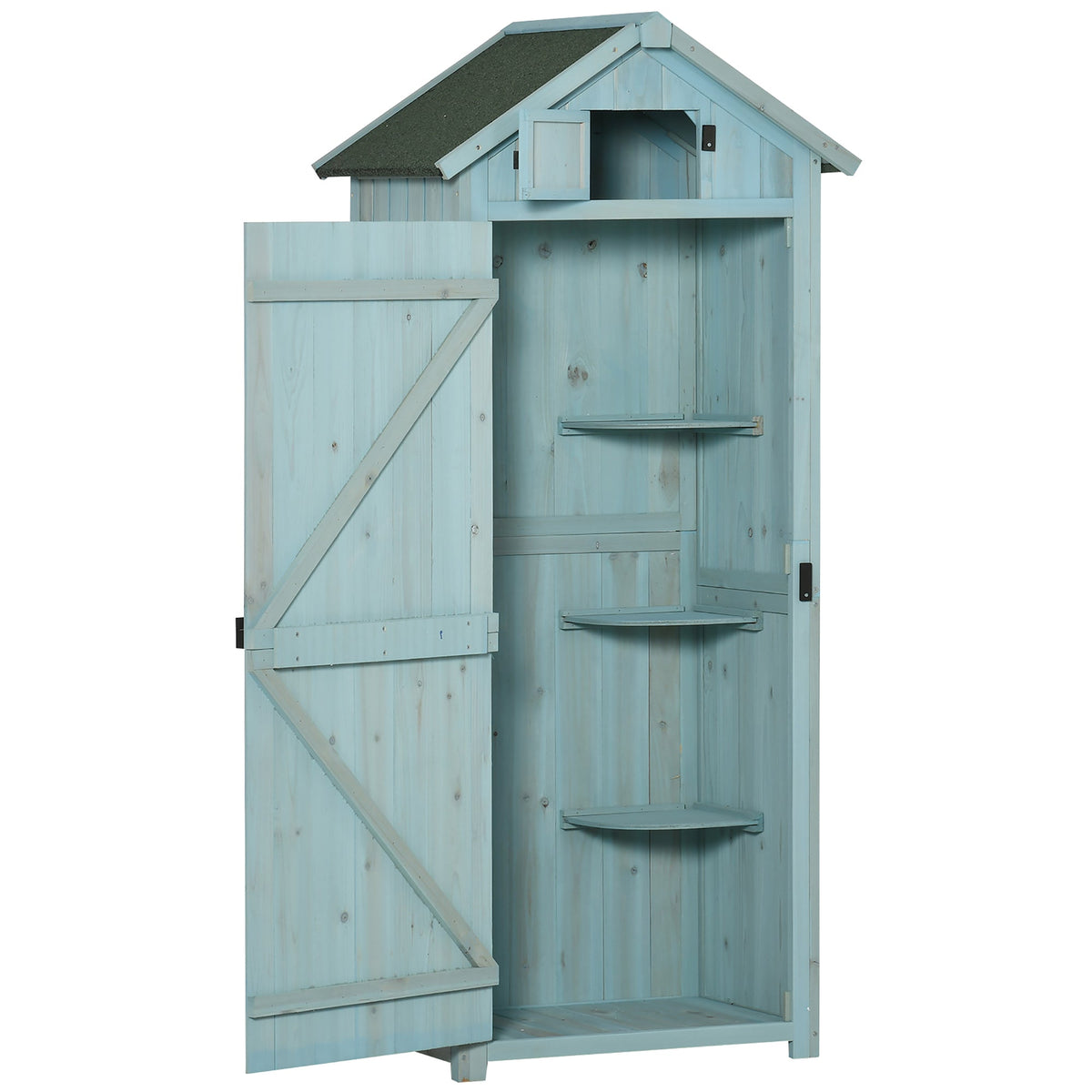 garden cabinet tool shed with shelves and windows, wood in light blue and green