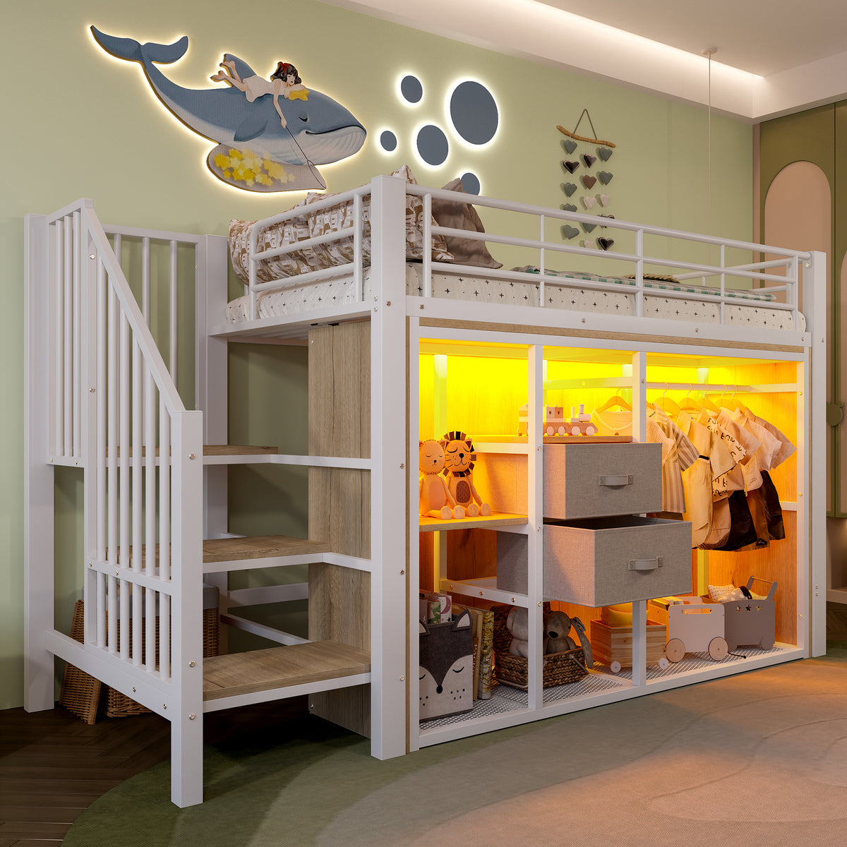 Mid-Height Bed 90x200cm with LED Lighting & Storage, White