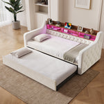 Sofa Bed 90x190cm with Trundle, Storage & LED, Beige Velvet