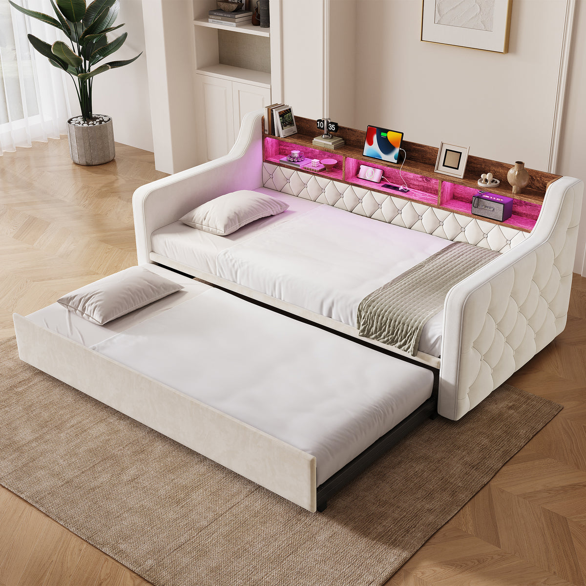 Sofa Bed 90x190cm with Trundle, Storage & LED, Beige Velvet