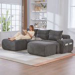Modular Corduroy Sofa - 3-Seater with 2 Ottomans, Cup Holders, Storage Pocket - Dark Grey