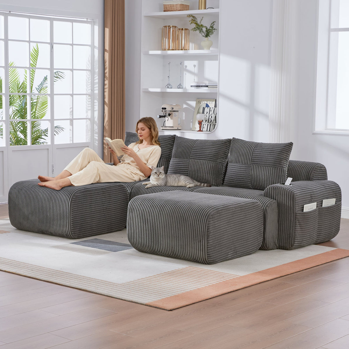 Modular Corduroy Sofa - 3-Seater with 2 Ottomans, Cup Holders, Storage Pocket - Dark Grey
