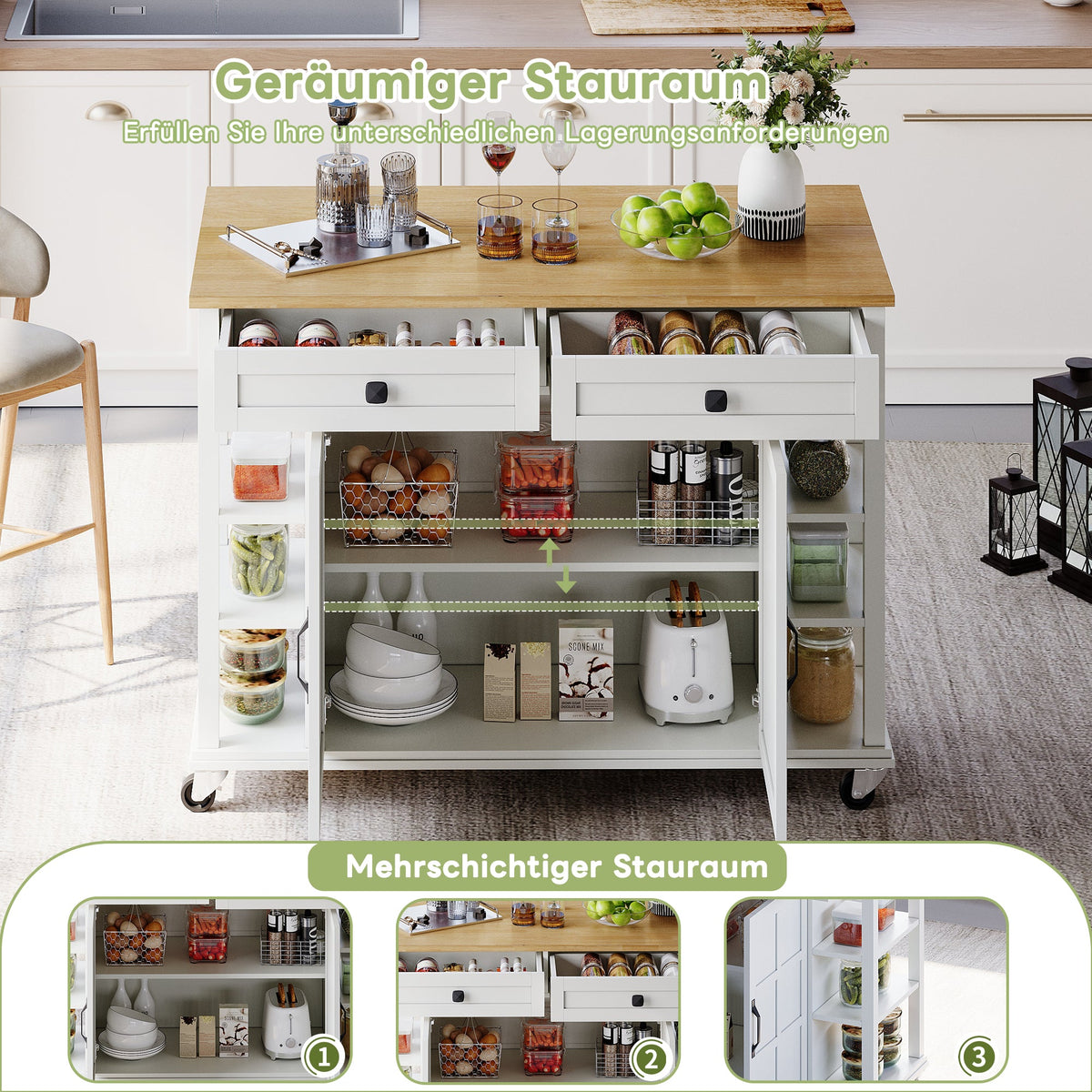 Multifunctional Kitchen Trolley, Fold-Down Worktop, 2 Drawers, On Wheels, Wood