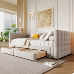 Daybed with Extendable Frame and 2 Storage Drawers, Beige Samt and MDF