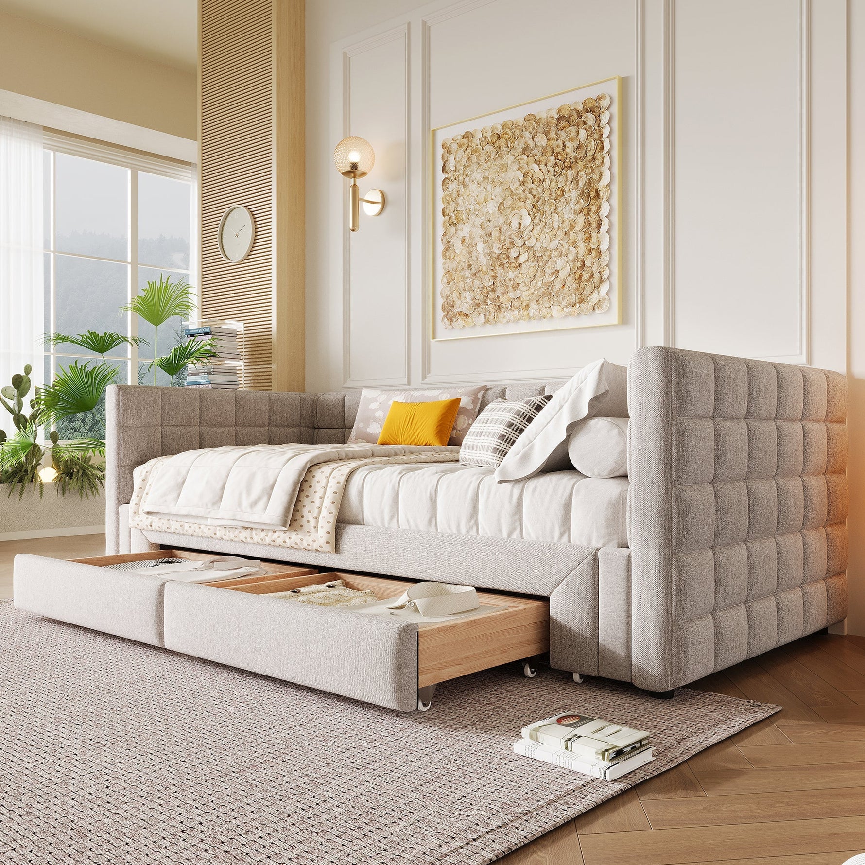 Daybed with Extendable Frame and 2 Storage Drawers, Beige Samt and MDF