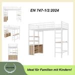 Loft Bed 90x200cm with Desk, USB/Power Outlet, Shelves & Storage - White Iron Frame