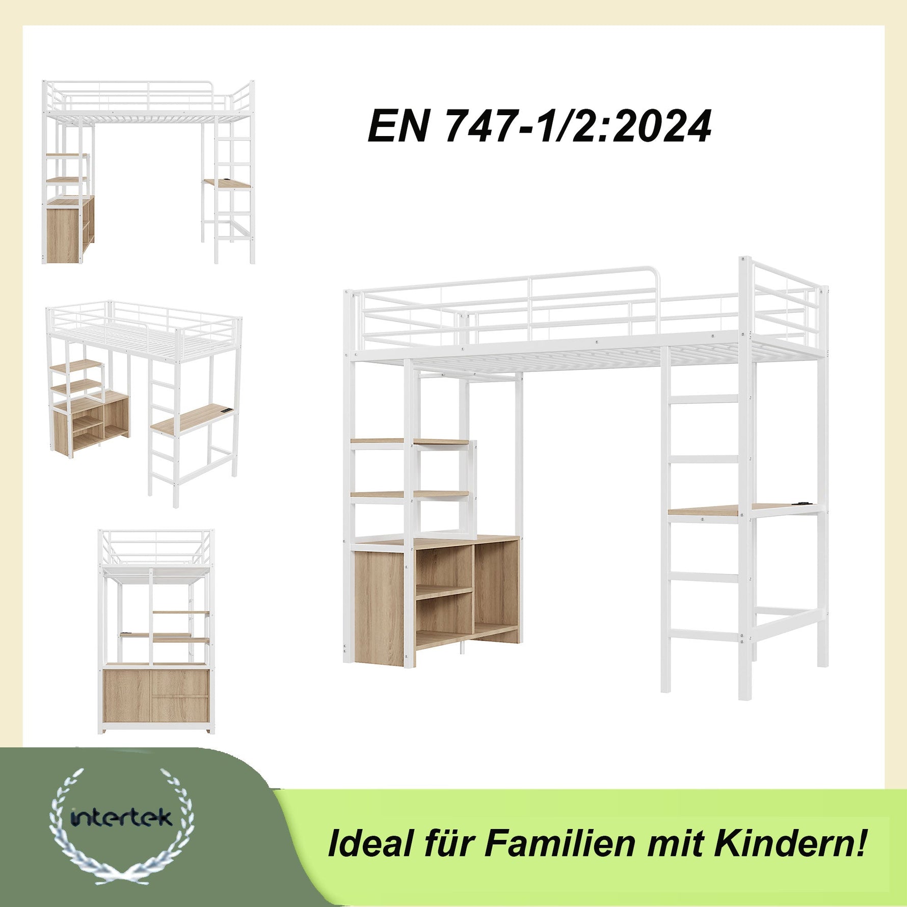 Loft Bed 90x200cm with Desk, USB/Power Outlet, Shelves & Storage - White Iron Frame