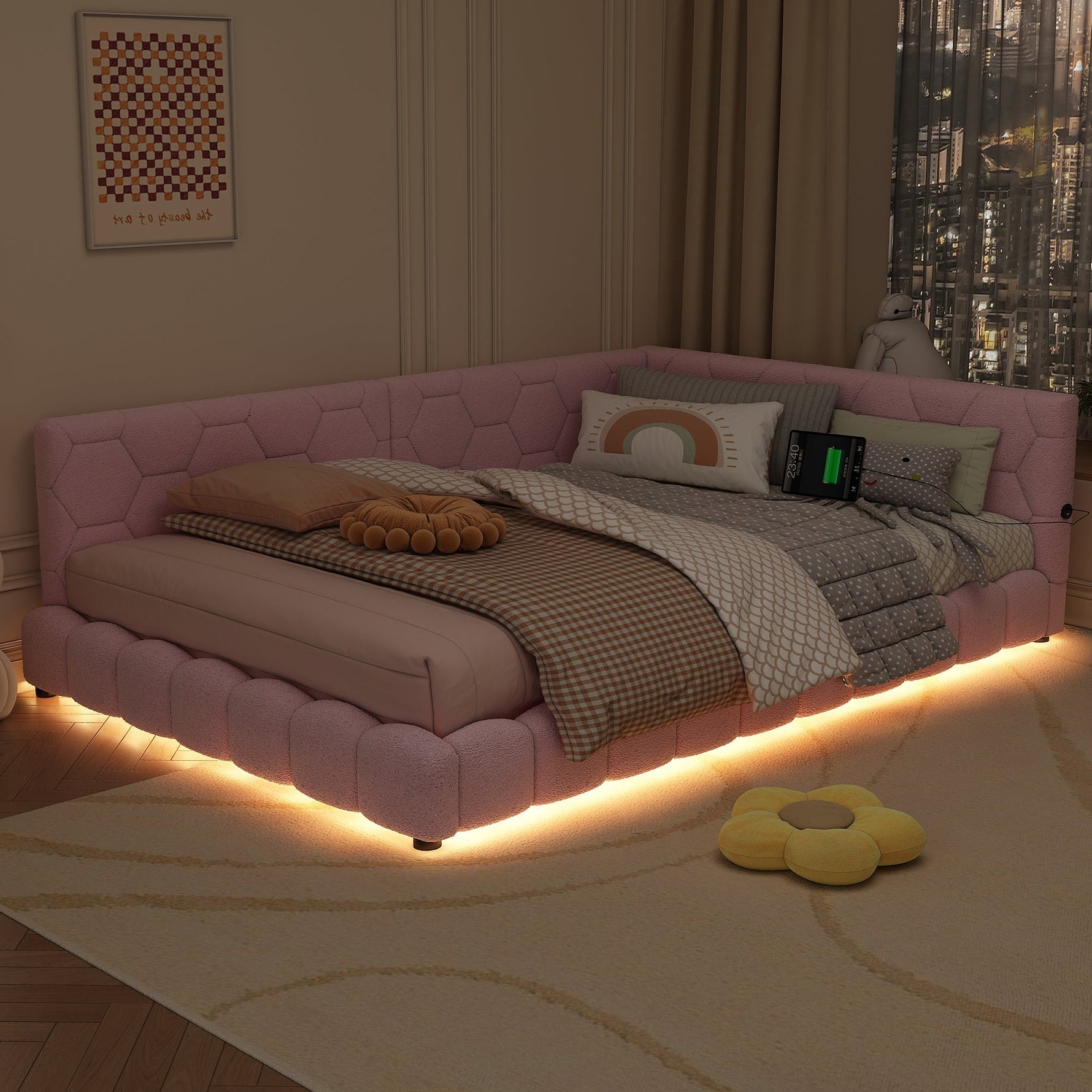 Daybed Sofa Bed 140x200cm Ambient Light USB/Type-C - Pink Faux Fleece