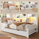 Daybed with Pull-Out Bed, LED Strip, Storage Shelf and USB Port, Pine Wood White