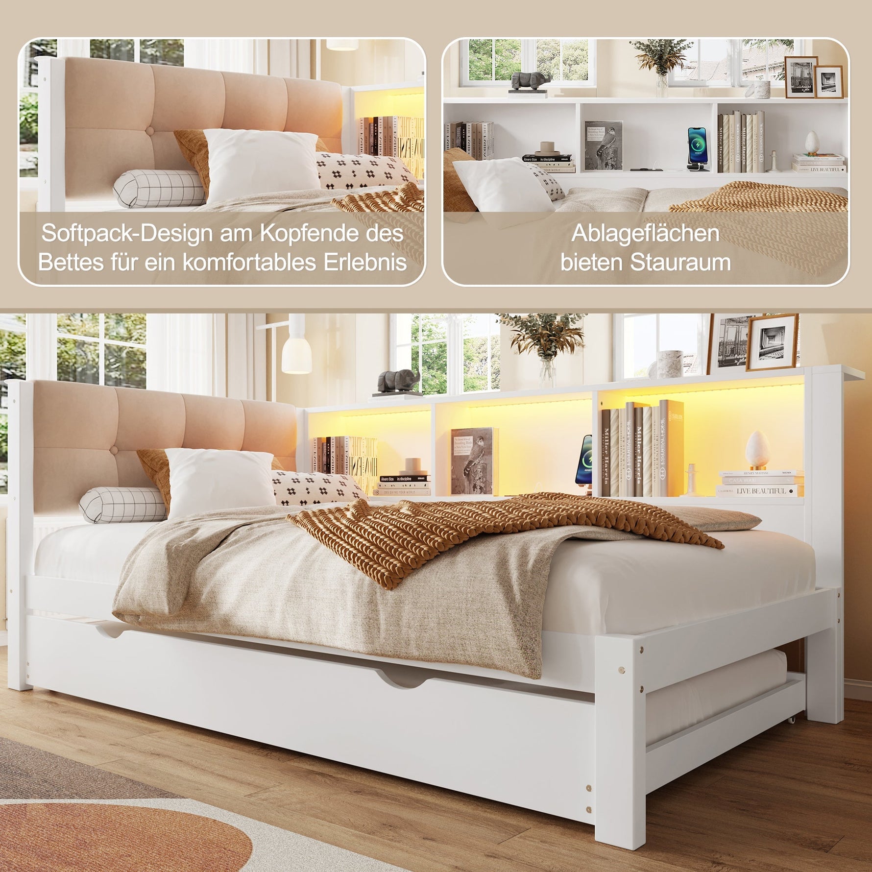 Daybed with Pull-Out Bed, LED Strip, Storage Shelf and USB Port, Pine Wood White