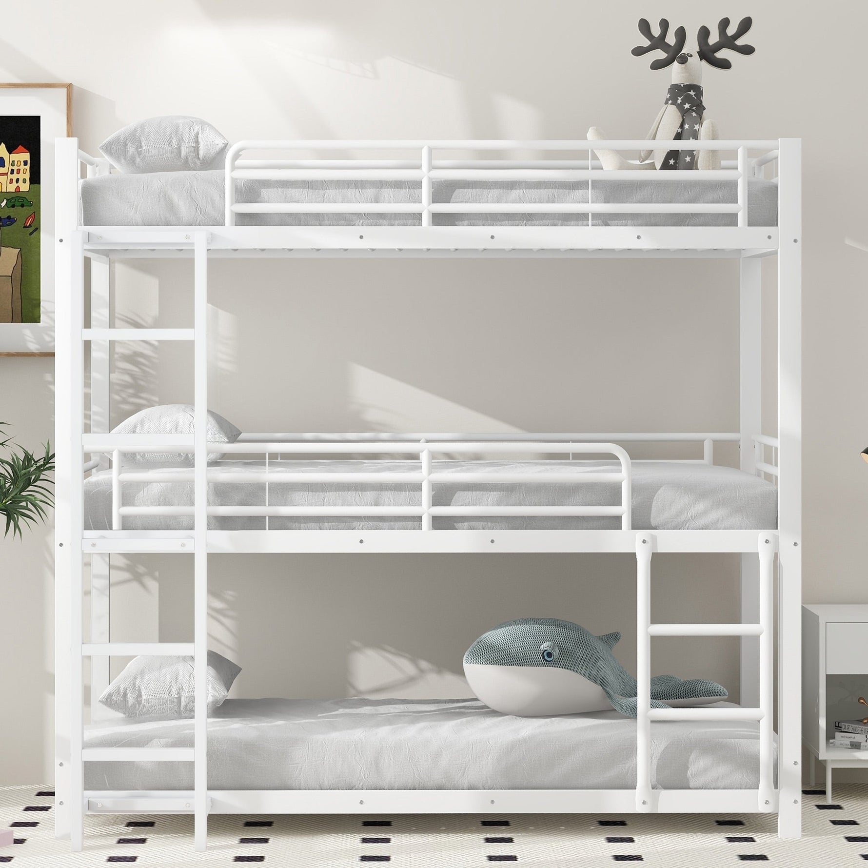 Triple Bunk Bed Frame for Children and Adults, 90x200cm Metal, White